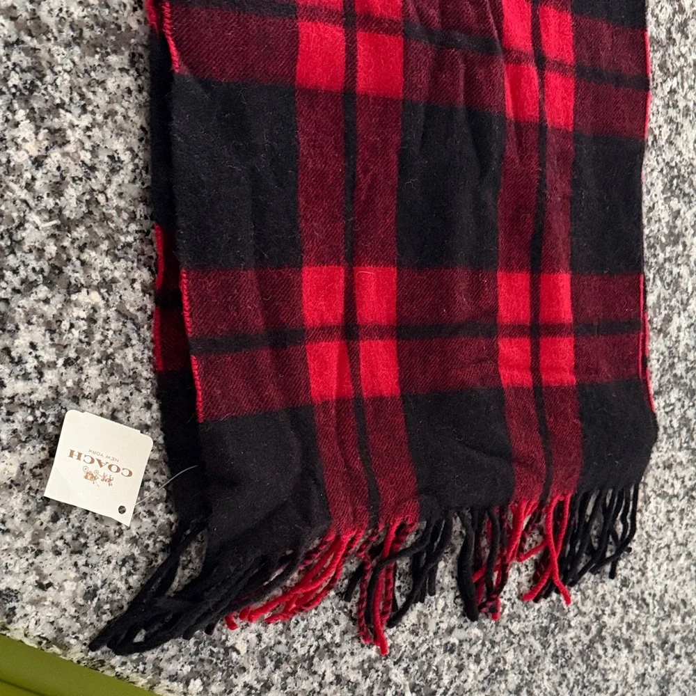 Coach Black and Red Plaid Fringe Scarf - Picture 1 of 3